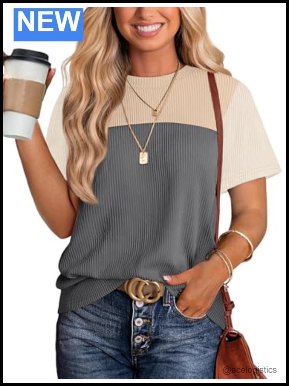 Color Block Knit T-Shirt Short Sleeve Crew Neck Cotton Blend Stretchable Casual